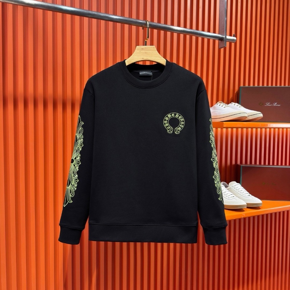 Chrome Hearts Black Crewneck Sweater with Neon Green Sleeve Motifs